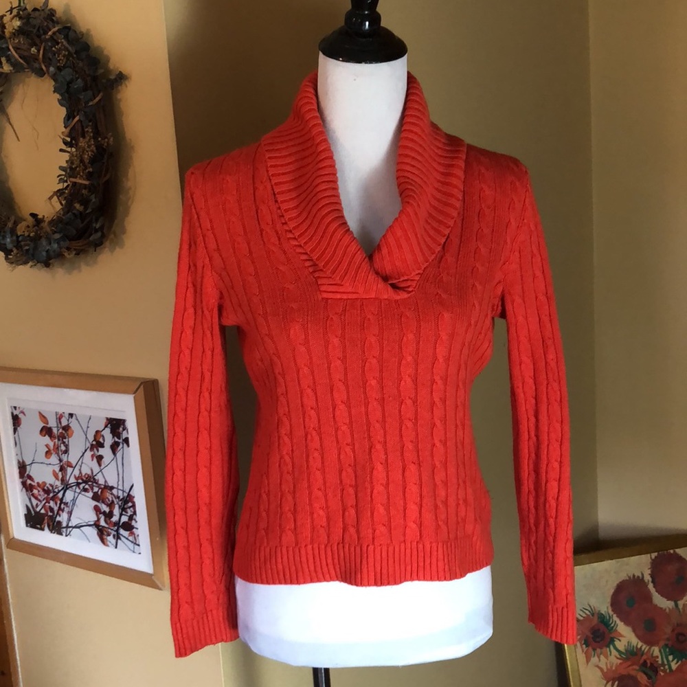 Ralph Lauren Size XS FALL Cashmere & Silk Blend Deep Orange CableKnit Funnelnecm
